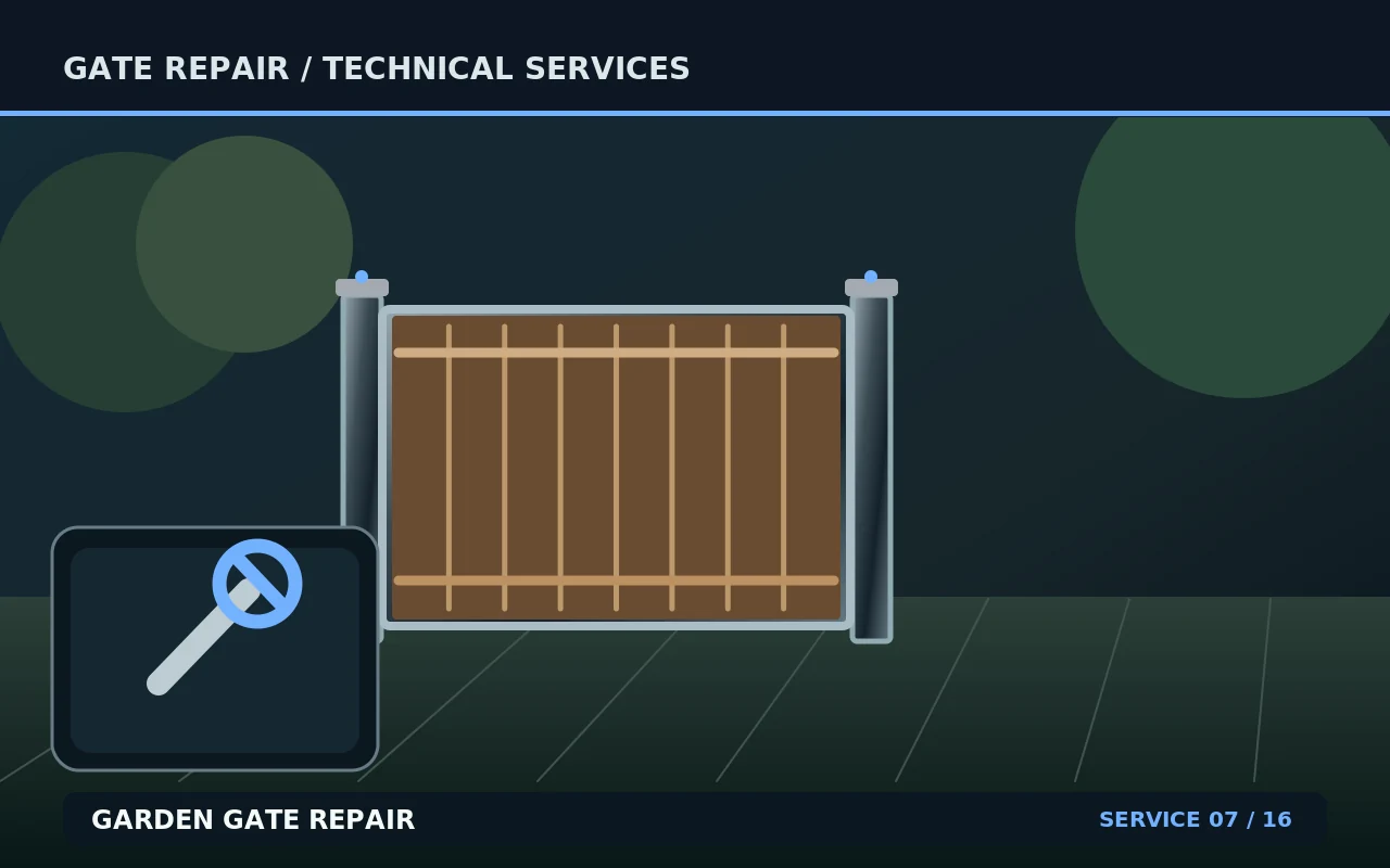 Technical illustration of garden gate repair, showing a gate and its repair components