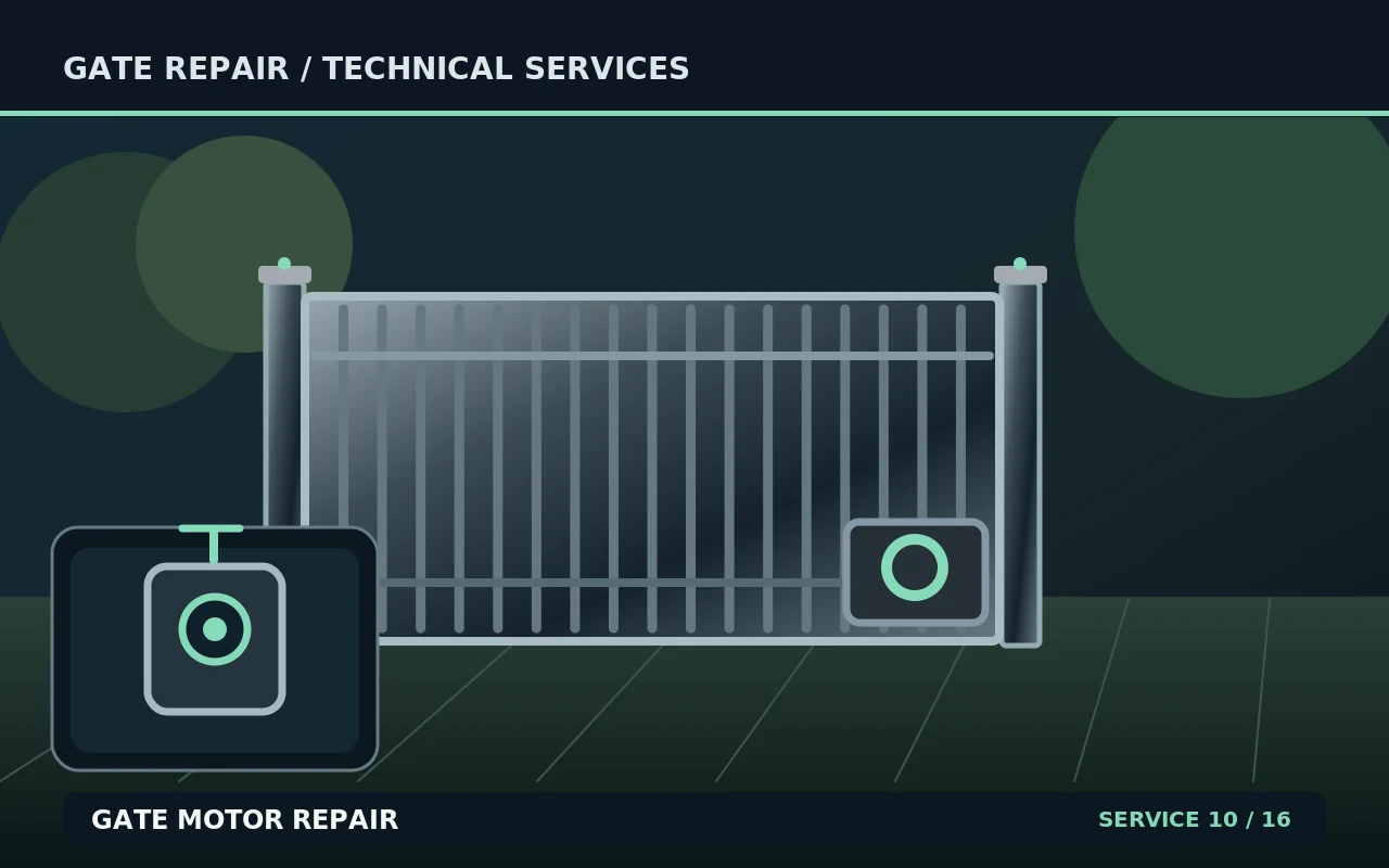 Technical illustration of gate motor repair, showing a gate and its repair components