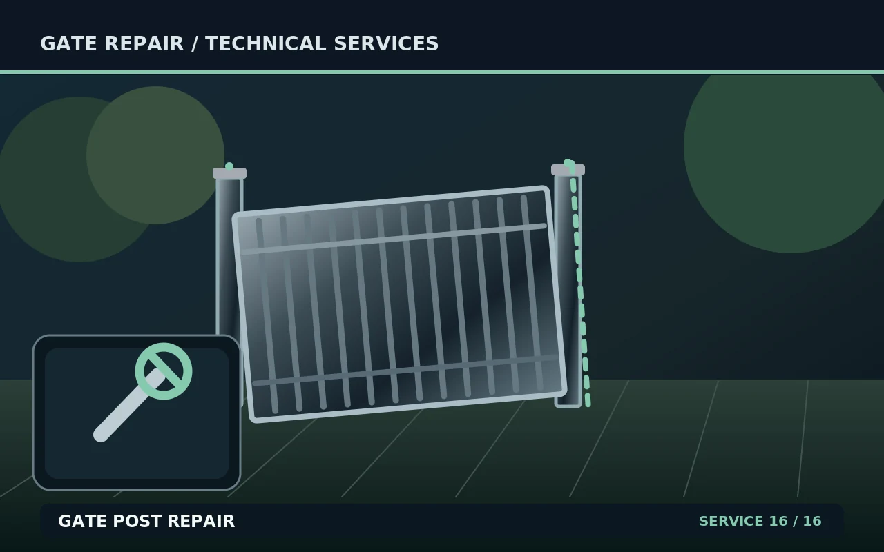 Technical illustration of gate post repair, showing a gate and its repair components