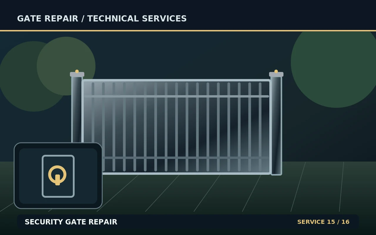Technical illustration of security gate repair, showing a gate and its repair components